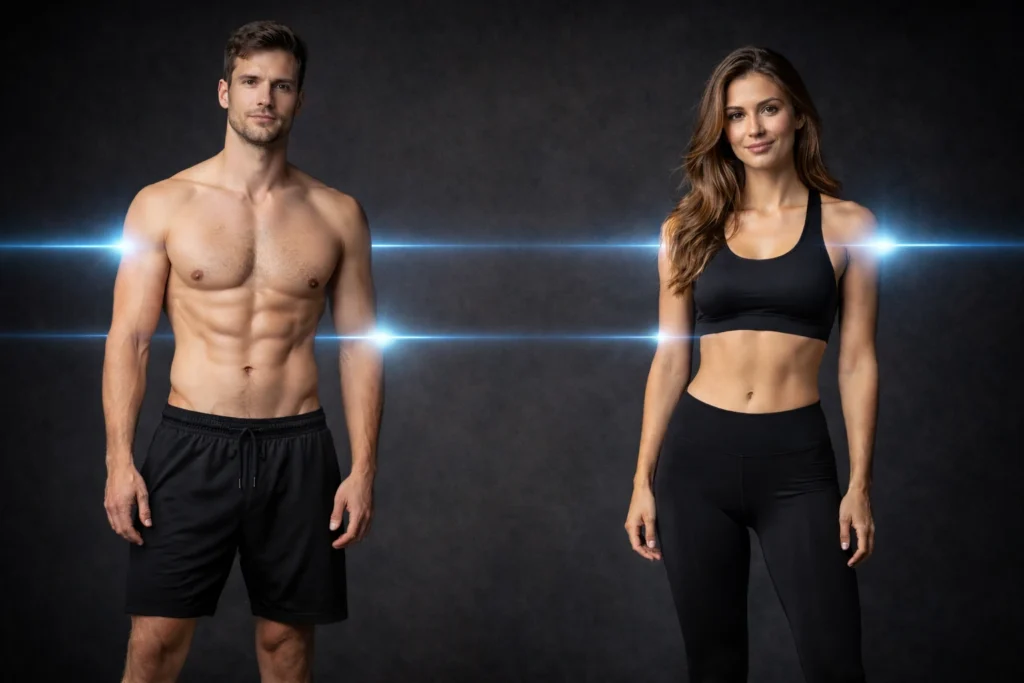 Femme et Homme sportifs scannés par un laser bleu